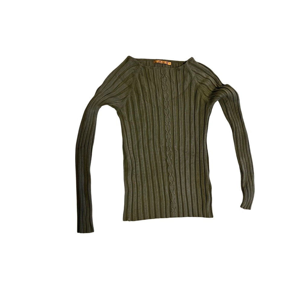 Belldini‎ Ribbed Long Sleeve Sweater Women Olive Green Cable Knit Top
